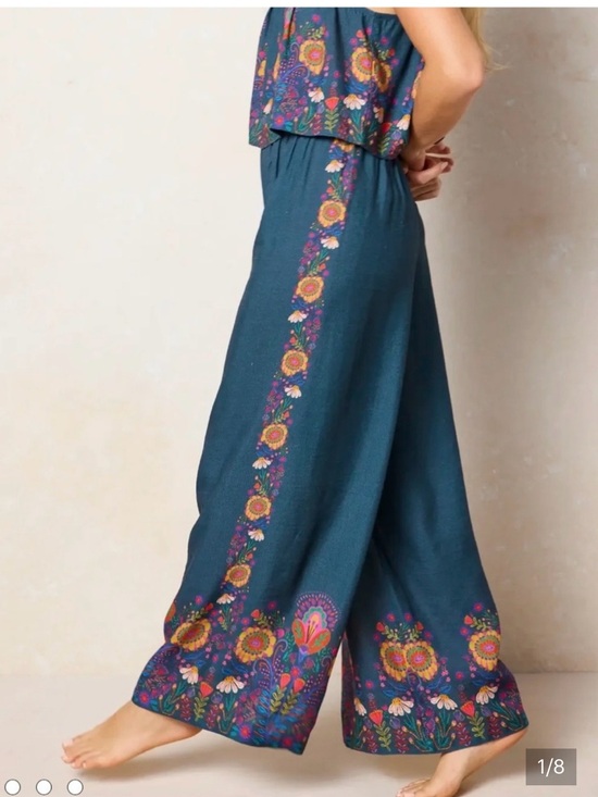 NATURAL LIFE Pants - NATURAL LIFE Navy Wide-Leg Pants with Colorful Floral Border
